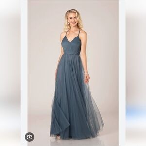 Size 10 slate to blue soft net Aline gown w/ thin braid straps and V-neck NWT
